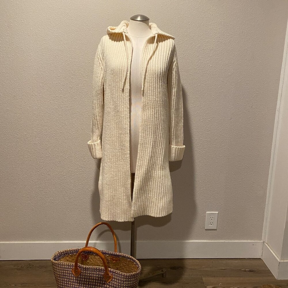 Gap Hooded Sweater Cardigan Cream‎ Ribbed Knit Tassel Tie Size Small